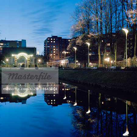 Sweden, Skane, Malmo, Mollevangen, Folkets Park at evening