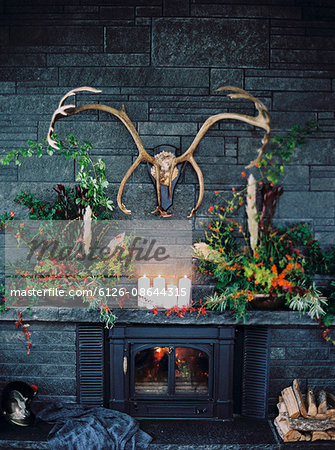 Sweden, Antlers hanging over luxurious fireplace