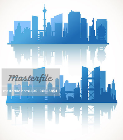 Cityscape sets with various parts of a city. Small towns or suburbs and downtown silhouettes