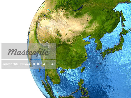 Asia on detailed model of planet Earth with continents lifted above blue ocean waters. Elements of this image furnished by NASA.