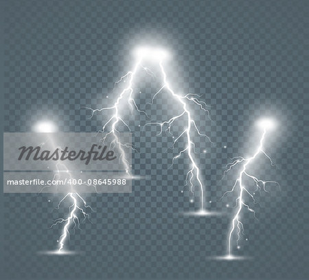Set of the isolated realistic lightnings with transparency for design. Natural effects