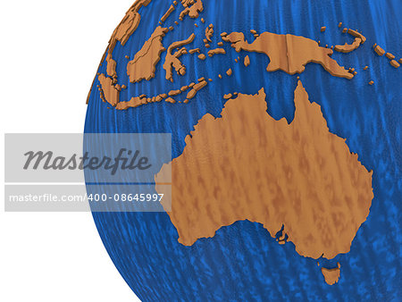 Australia on wooden model of planet Earth with embossed continents and visible country borders. 3D rendering.