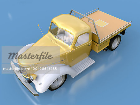 Old restored pickup. Pick-up in the style of hot rod. 3d illustration. Golden-white car on a blue background