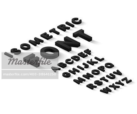 Black 3d isometric font alphabet with drop shadow on white background. Vector illustration