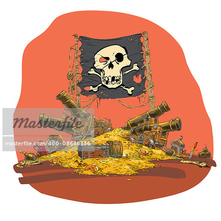 Pirate treasure vector illustration. Treasure mountain, flag Jolly Roger, ship cannon. Chests with gold coins