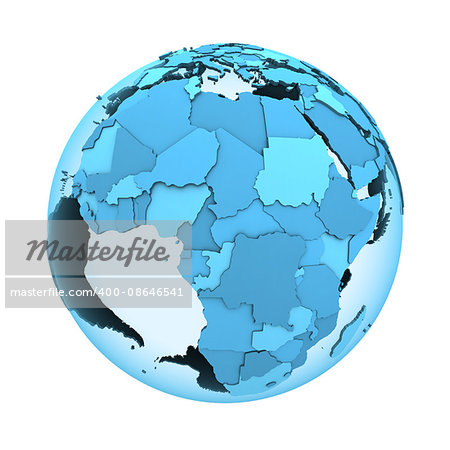 Africa on translucent model of planet Earth with visible continents blue shaded countries. 3D illustration isolated on white background.