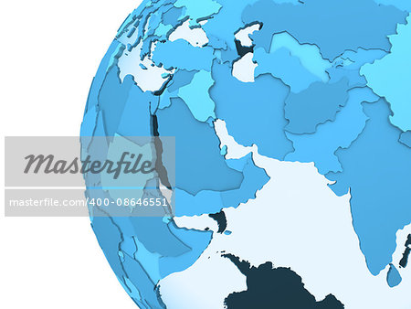 Middle East region on translucent model of planet Earth with visible continents blue shaded countries. 3D rendering.