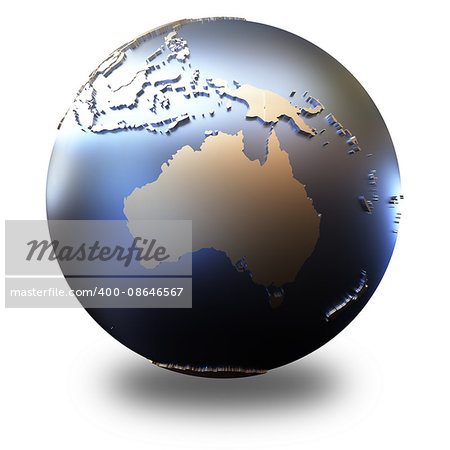 Australia on metallic model of planet Earth with embossed continents and visible country borders. 3D illustration isolated on white background with shadow.