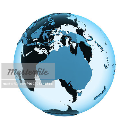 Australia on translucent model of planet Earth with visible continents blue shaded countries. 3D illustration isolated on white background.