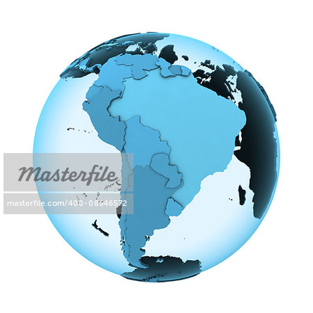 South America on translucent model of planet Earth with visible continents blue shaded countries. 3D illustration isolated on white background.