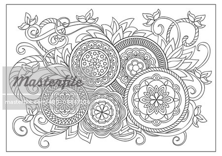 Hand drawn decorated image with doodle flowers and mandalas. Image for adult coloring pages, books, embroidery. Vector illustration - eps 8.
