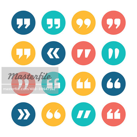 Quote marks flat circle icons set isolated on white background. Set of quotation marks. Double commas for quotation. Quote sign vector icons collection