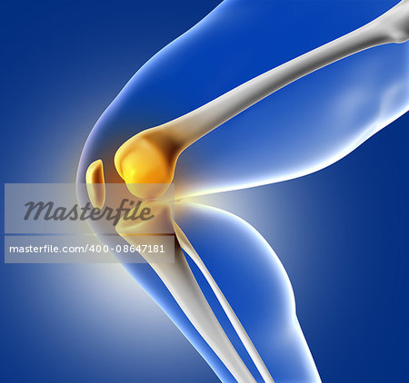 3D render of a blue medical image of close up of knee joint