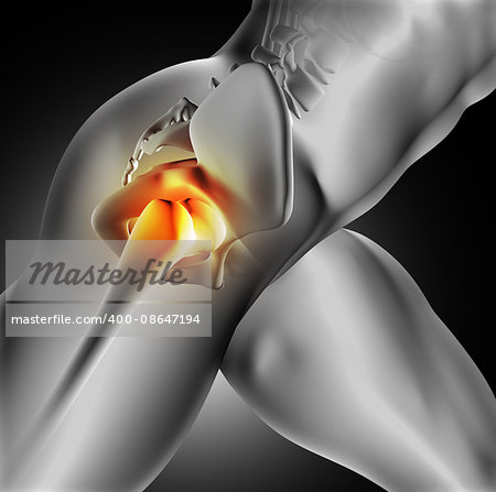 3D render of a medical image of close up of hip bone joint