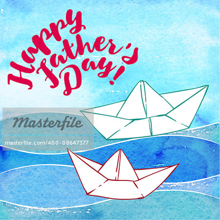 Drawn in cartoon style postcard with paper sheep on the water. Watercolor background. Happy fathers day