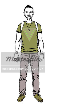Poster in hipster style. Hand drawn illustration of fashion guy travel  on triangle designe.