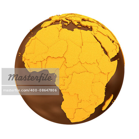 Africa on chocolate model of planet Earth. Sweet crusty continents with embossed countries and oceans made of dark chocolate. 3D illustration isolated on white background.