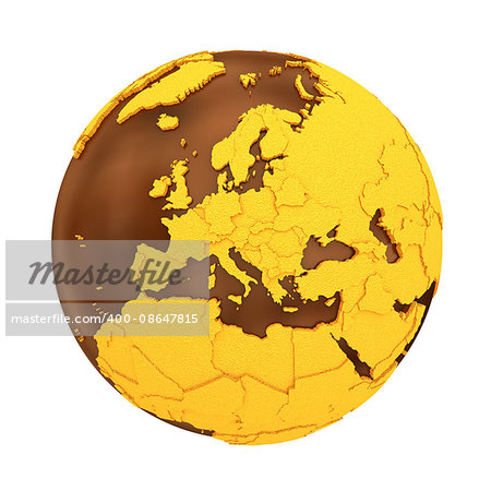 Europe on chocolate model of planet Earth. Sweet crusty continents with embossed countries and oceans made of dark chocolate. 3D illustration isolated on white background.