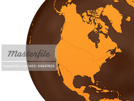 North America on chocolate model of planet Earth. Sweet crusty continents with embossed countries and oceans made of dark chocolate. 3D rendering.