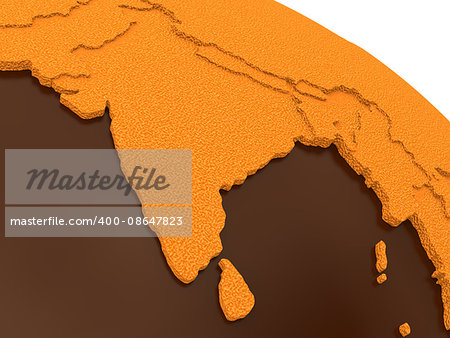 India on chocolate model of planet Earth. Sweet crusty continents with embossed countries and oceans made of dark chocolate. 3D rendering.