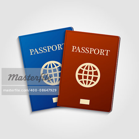 Blue and red passports on grey background. International identification document for travel. Also available as a Vector in Adobe illustrator EPS 10 format.
