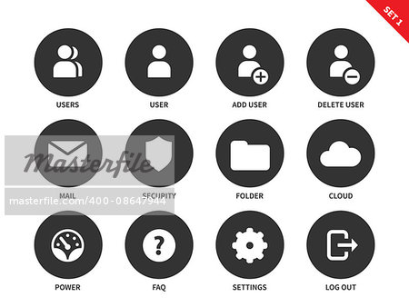 Internet accounts and users setting vector icons set. Items for social networks and web sites, users, mail, security, folder, cloud, faq and setting. Programming concept. Isolated on white background
