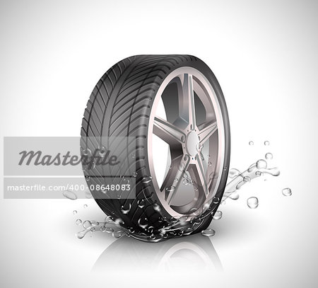 Car wheel with splashing water in motion blur on white background .Vector illustration EPS10