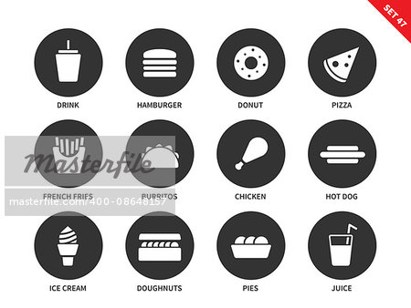 Fast food vector icons set. Eating and nutrition concept. Junk food items, hamburger, donut, pizza, fries, burritos, chicken, hotdog, ica cream, juice. Isolated on white background.