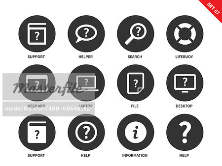Help vector icons set. Support and security concept. Icons for technology devices, help, support, search, information, file, lifebuoy, laptop, app. Isolated on white background