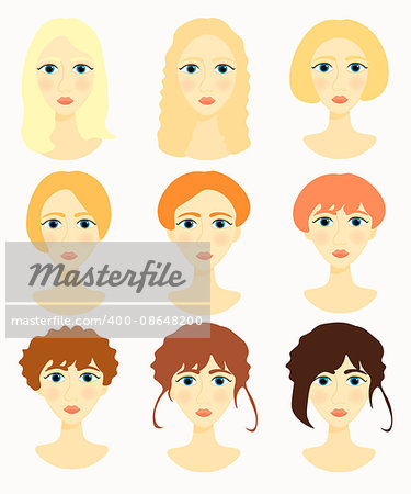 Women face, girls colored hair. vector illustration