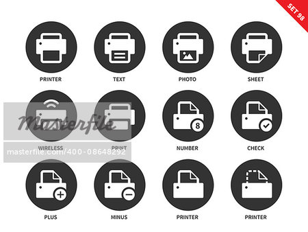 Printer vector icons set. Technology concept. Items for banners and advertising. Office equipment, printer, file, text photo, sheet, wireless. Isolated on white background