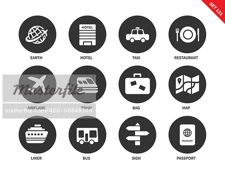 Travel vector icons set. Journey and transportation items, earth, hotel, taxi, restaurant, airplane, train, bag, map, liner, bus, passport. Isolated on white background