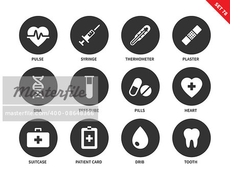 Medical tools vector icons set. Medicine and heathcare concept. Hospital equipment, pulse, syringe, plaster, test-tube, pills, drib, teeth and patient card.  Isolated on white background
