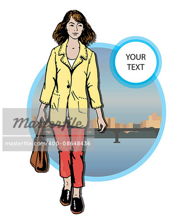 Beautiful young  women in a casual clothes on city background Vector hand drawn  illustration.