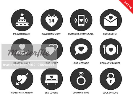 Love vector icons set. Feelings and St. Valentine's day concept, pie, card, love letter, message, romantic dinner, bed and diamond ring. Isolated on white background