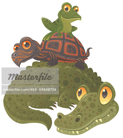 Cartoon vector illustration of an alligator, a turtle and a frog hanging out together, stacked in a pyramid.