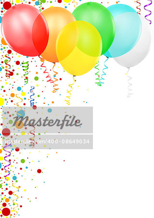 Colorful Confetti and Party Balloons - Colored Background Illustration, Vector