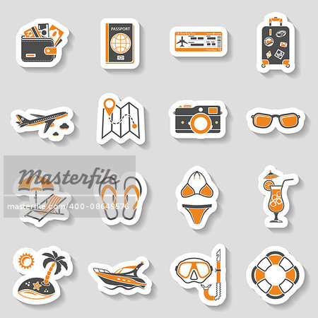 Vacation and Tourism Icons Sticker Set for Mobile Applications, Web Site, Advertising like Boat, Cocktail, Island, Aircraft and Suitcase.