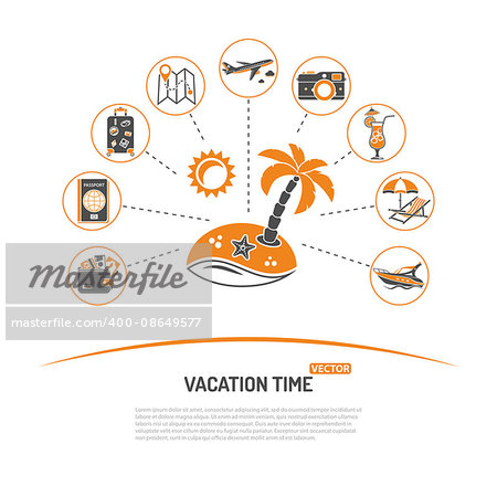 Vacation Time and Tourism Concept with Icons for Mobile Applications, Web Site, Advertising like Map, Boat, Luggage, Trip, Cocktail, Island and Aircraft.