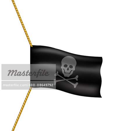 Pirate flag with skull symbol hanging on rope on white background