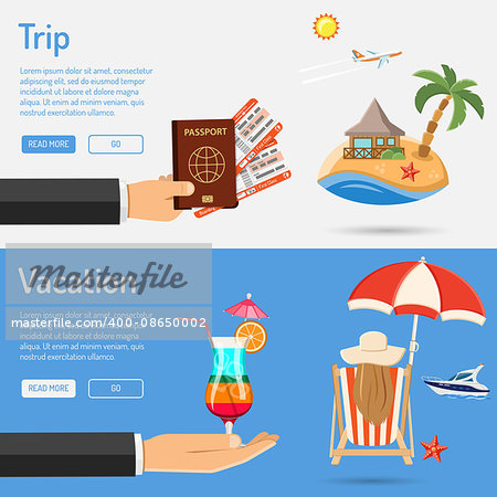 Vacation and Trip Banners with Flat Icons for Mobile Applications, Web Site, Advertising like Planning, Booking, Passport, Trip, Cocktail, Island, Aircraft and Bungalows.