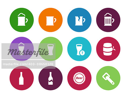 Beer and alcohol glasses circle icons on white background. Vector illustration.