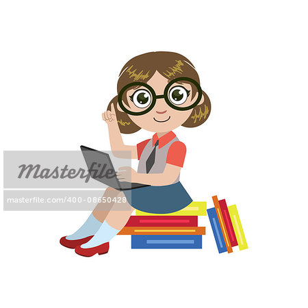 Girl In Glasses Reading Colorful Simple Design Vector Drawing Isolated On White Background