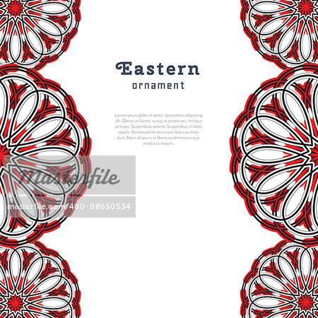 Vector design with circular ornament in eastern style. Ornate oriental element and place for text. Black, red, white color. Template for invitations, greating cards, flyer pages, brochures.