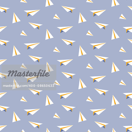 Origami paper plane seamless vector pattern. White and yellow planes on blue background. Minimalist style textile fabric ornament.