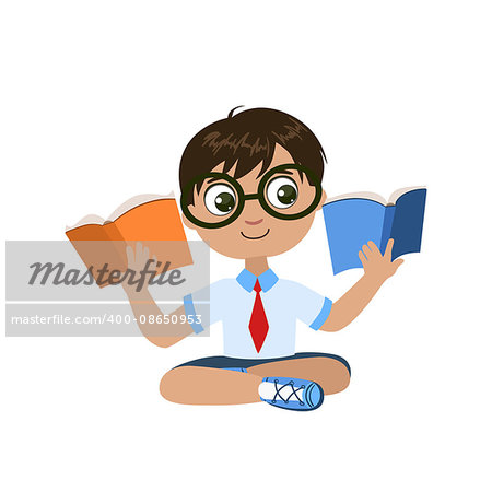 Boy Reading Two Books At The Same Time Colorful Simple Design Vector Drawing Isolated On White Background