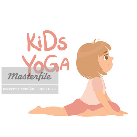 Girl In Yoga Pose With Kids Yoga Logo Bright Color Cartoon Childish Style Flat Vector Drawing On White Background