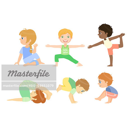 Kids Doing Advanced Yoga Poses Bright Color Cartoon Childish Style Flat Vector Drawing On White Background