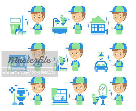 Cleaning Service Man And Finished Tasks Set Of Illustrations In Stylized Simplified Flat Vector Cartoon Stickers