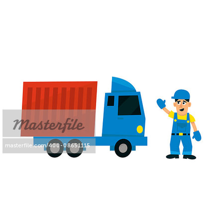 Worker And Delievery Truck Simplified Flat Vector Design Colorful Illustration On White Background